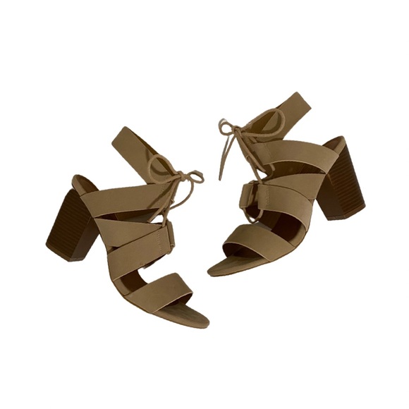 Faux Suede Tan and Brown lace up block heel sandals - Picture 8 of 9